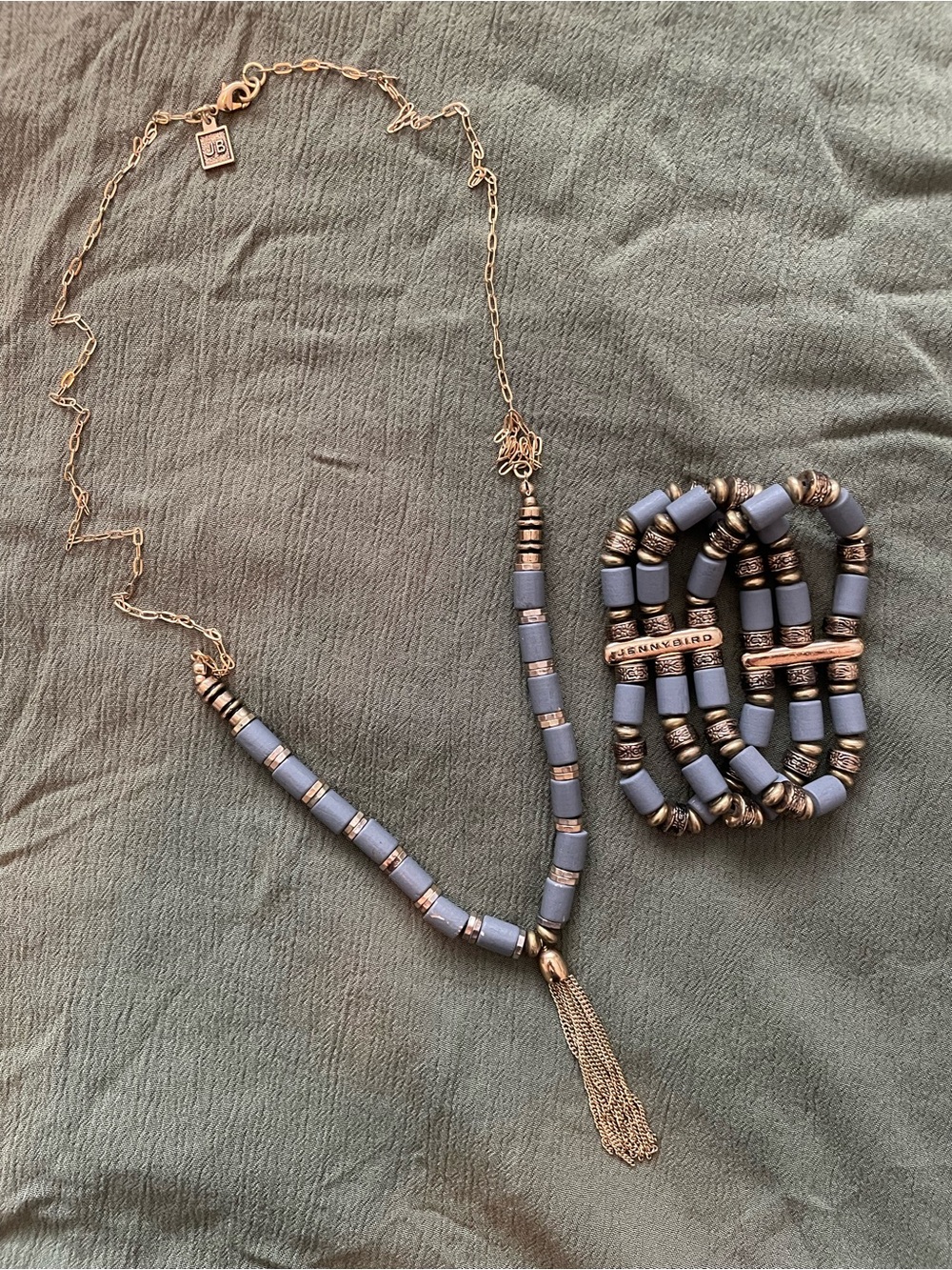 Jenny Birtd  Grey Blue Bead Tassel Necklace & Bracelet Set